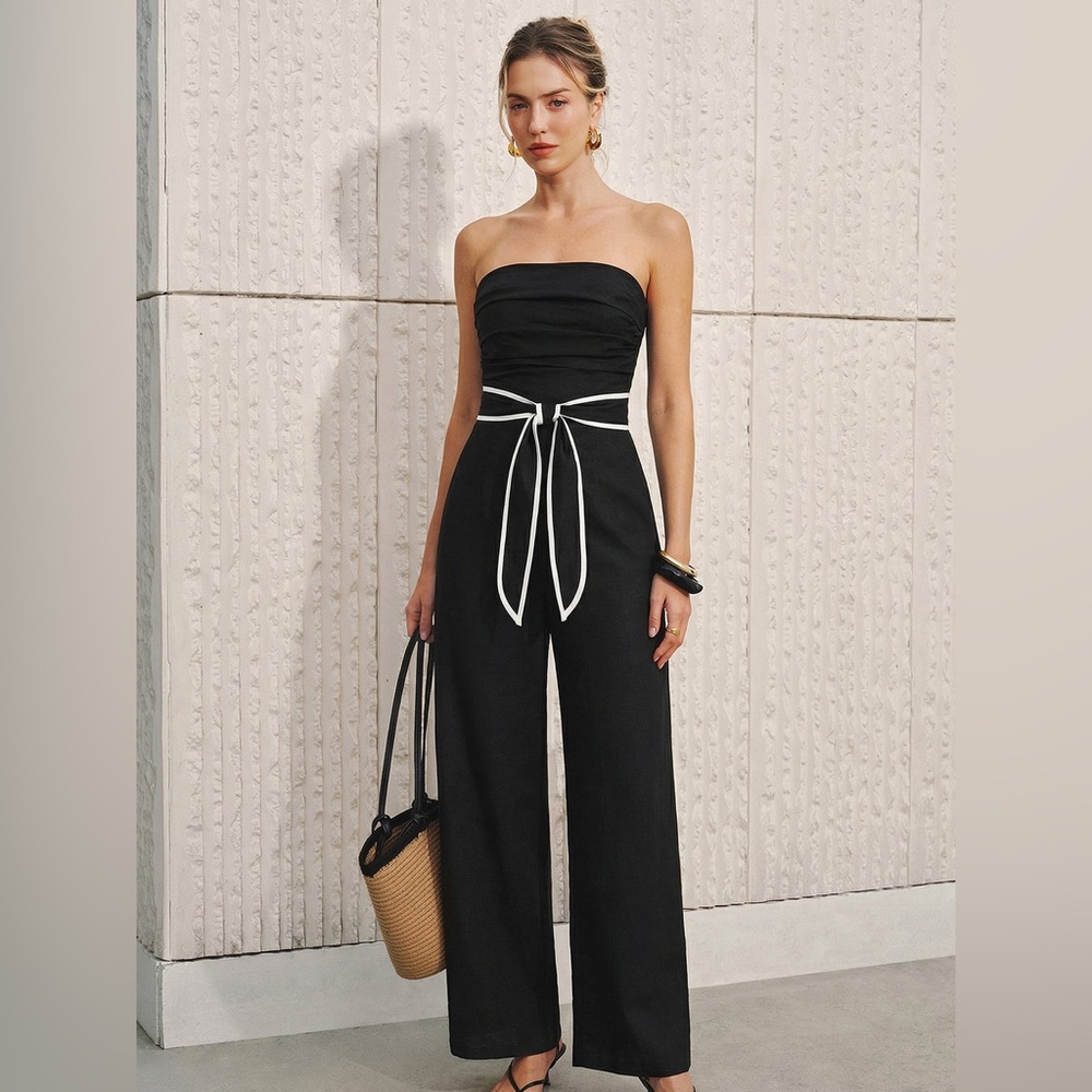 Commense Black Strapless 
Wide-Leg Jumpsuit with White Tie